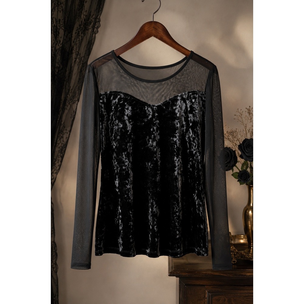 Black Crushed Velvet Sheer Mesh Sweetheart Goth Witchy Long Sleeve Top XL